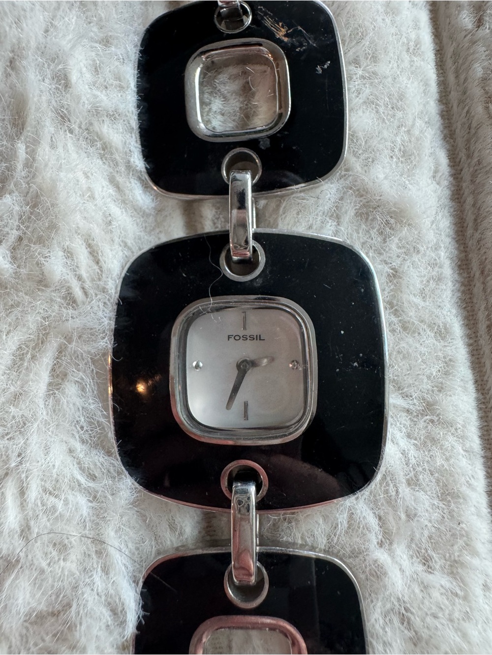 Fossil ES-1728 Square Link Stainless Steel Black Enamel Charm Watch Bracelet